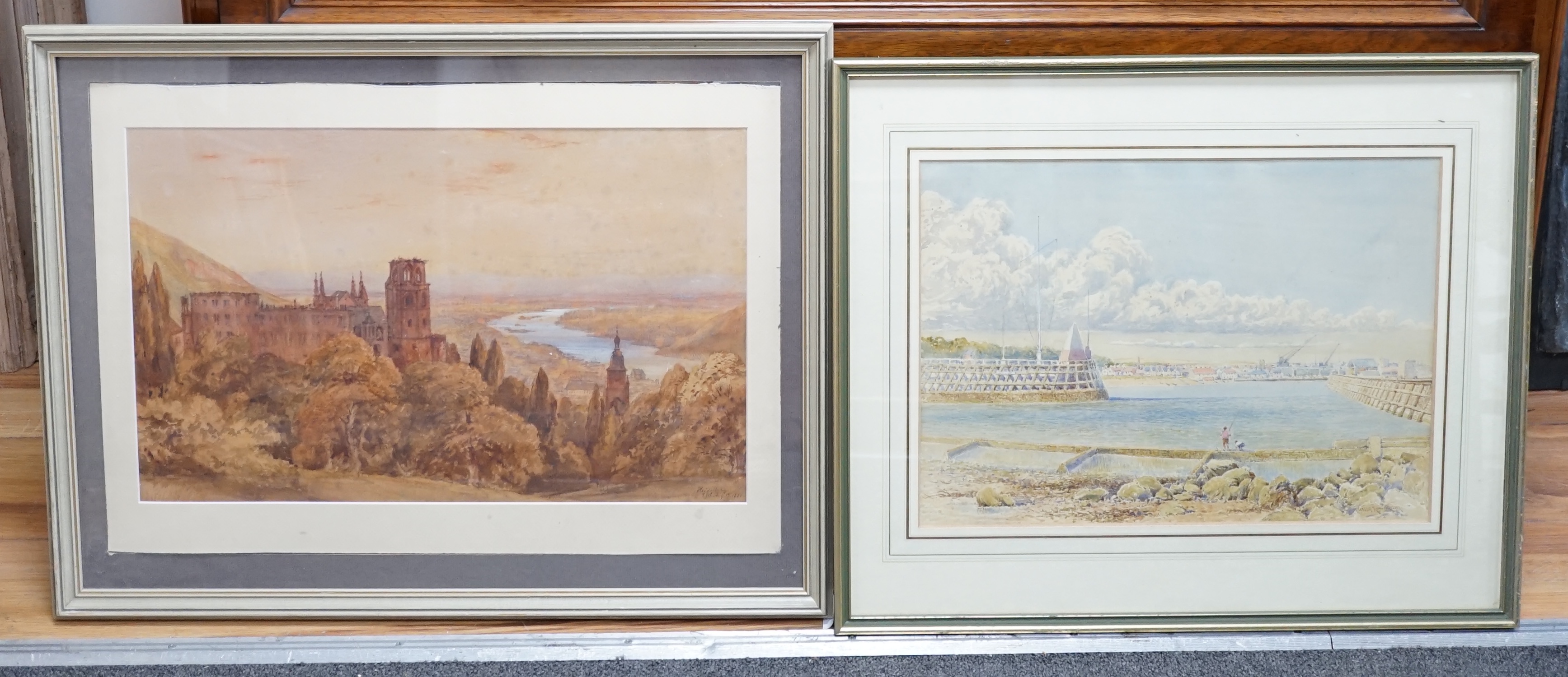 Two 19th century watercolours comprising: Thomas Leeson Rowbotham (1823-1875) and attributed to Eliza Turck (1832-1891), German landscape and Shoreham-by-Sea, each signed, largest 27 x 45cm. Condition - poor to fair